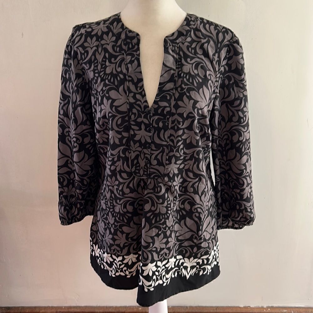 Loft black gray long sleeve floral blouse Size S